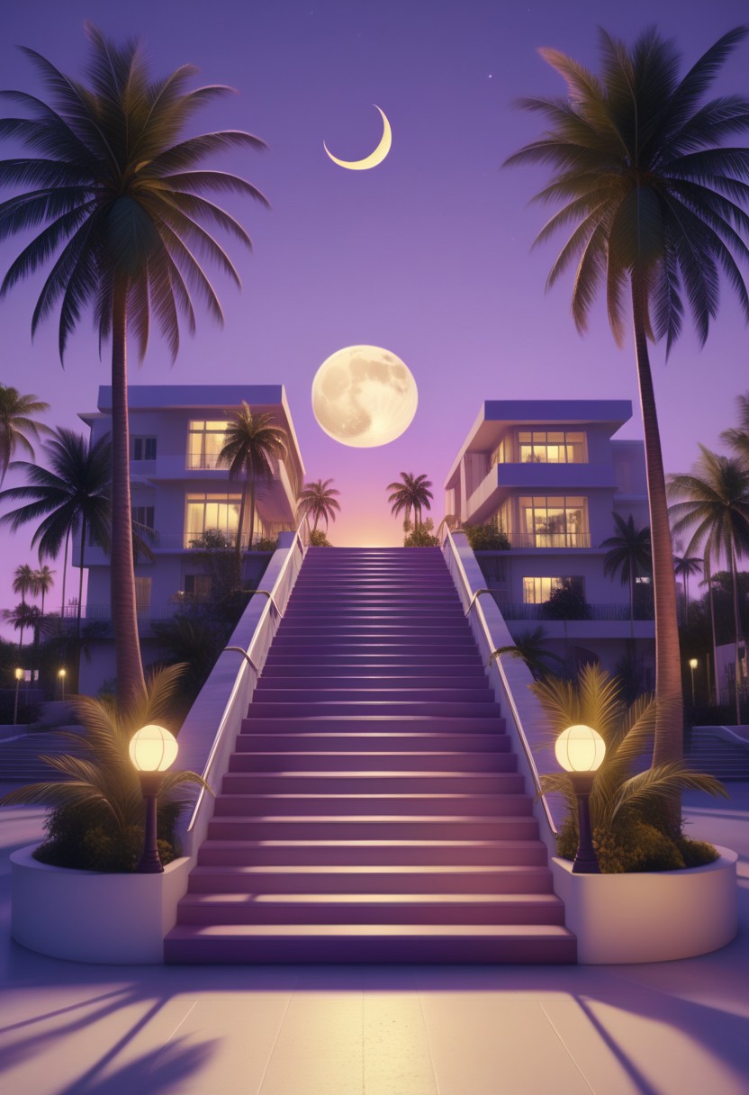 masterpiece, absurdres, best quality, Versabg, tree, no humans, palm tree, crescent moon, outdoors, scenery, moon, sky, building, night, purple sky, lamppost, shadow, stairs, sunset, realistic, ultra HD photography, kodak ektar