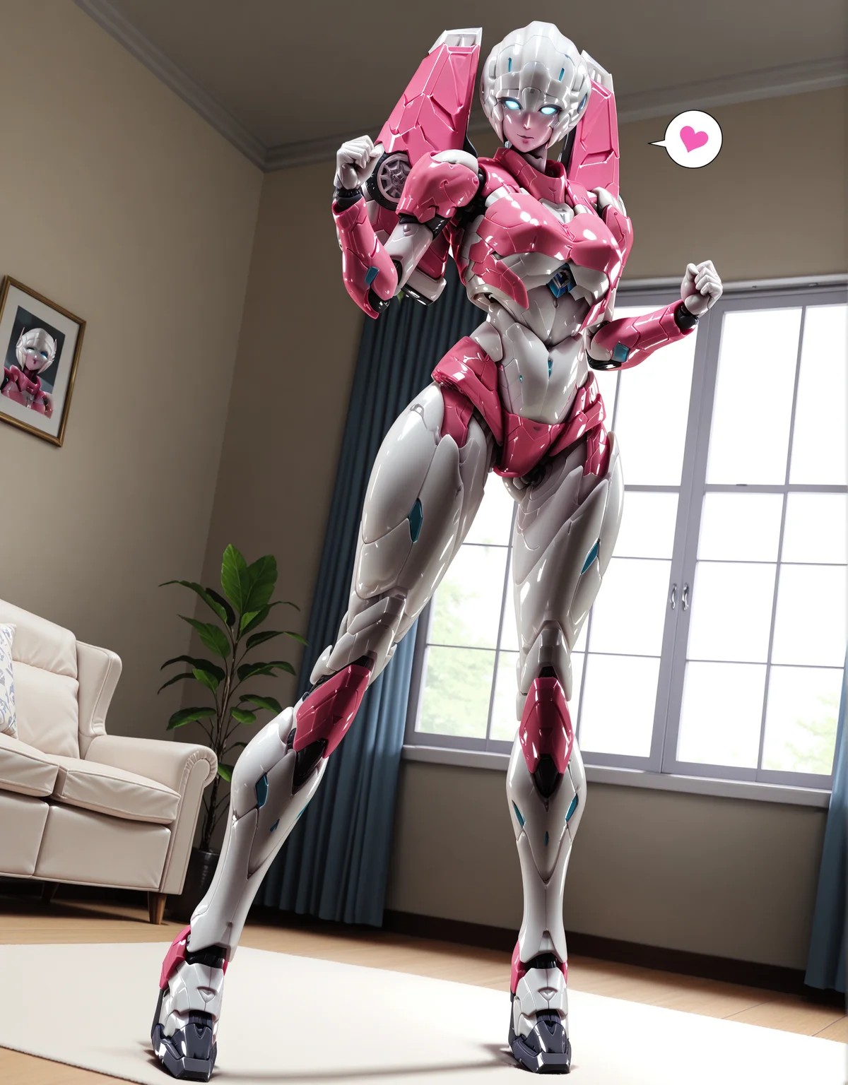 masterpiece, best quality, good quality, very aesthetic, hyper detailed, digital painting, trending on ArtStation, absurdres, newest, 8K, anime screencap, detailed background, offical art, very aesthetics of fine arts, <lora:spo_sdxl_10ep_4k-data_lora_webui:1>, lazypos, <lora:Latex_MBA_style:1>,
<lora:furaiarceeTF-IL:1>, furaiarcee\(transformers\), 1girl, mecha, blue eyes, glowing eyes, no pupils, robot, solo, autobot, science fiction, no humans, breasts, detailed body, <lora:handPatchUnet:1>, detailed_hands, elegant_fingers, full body, dynamic_angle, facing viewer, looking at viewer, spoken heart, sexy pose, handsome pose, clenched hands, fighting stance, indoors, living room, window, day
