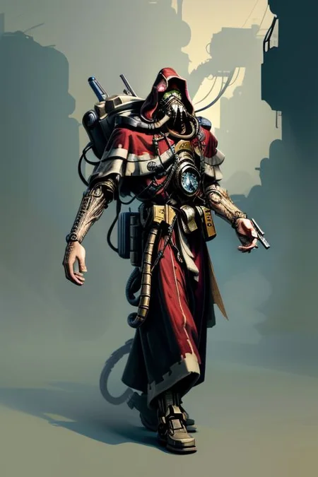 ((masterpiece,best quality)), absurdres, BREAK
mechanical arms, robes, hood, BREAK
((techpriest)), cyborg, mechanical face, mechanical limbs, gas mask, mechanical tentacles, (mechanical backpack), BREAK
1other, solo, holding pistol, firearm, handgun, pistol, gun, BREAK
factory background, smoggy sky, air pollution, smokestacks, BREAK
(comic character)