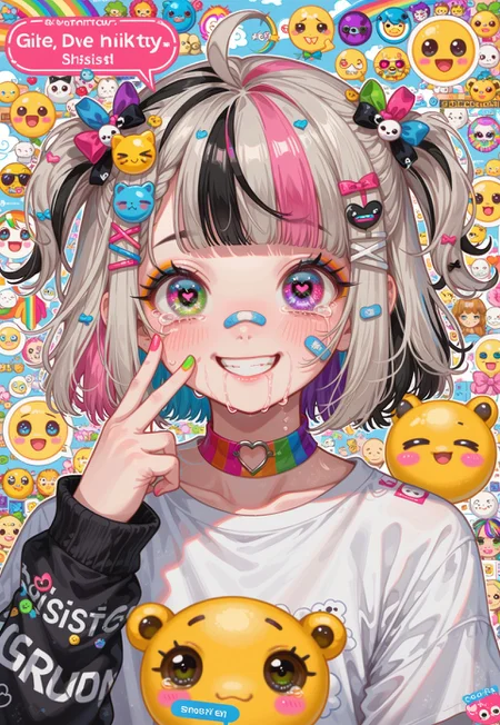 (cutecore, kawaiicore) 1990s (style) (colorful, bright colors), (nijijourney) 1girl, short hair, straight hair, messy hair, blunt bangs, big ahoge, two side up, multicolored hair, (neon rainbow streaked hair), colored inner hair, big eyes, rainbow eyes, (sparkly eyes), light makeup, eye makeup, rainbow glittery eyeshadow, thick eyeliner, mascara, band-aid, band-aid on face, band-aid on nose, (cute colorful rainbow band-aids), petite, blush, smile, grin, (decora kei, multicolored clothes), rainbow cute emoji graphic print t-shirt, neon green striped emoji print long sleeves, bows, neon pink bows, too many bows, hair ornaments, hair ribbons, smiley face, smiley face hair ornament, cute rainbow emoji hairclips, (emoji hair ornament), too many hairclips, rainbow choker, black and white checkerboard arm warmers, colorful rings, (detailed scenery, detailed background : 1.1), rainbow emoji themed background, rainbow gradient, patterned background, emoji print background, checkered overlay, (surrounded by cute emojis, pleading face emoji, crying emoji, emoticon, text, rainbow text, text overlay)