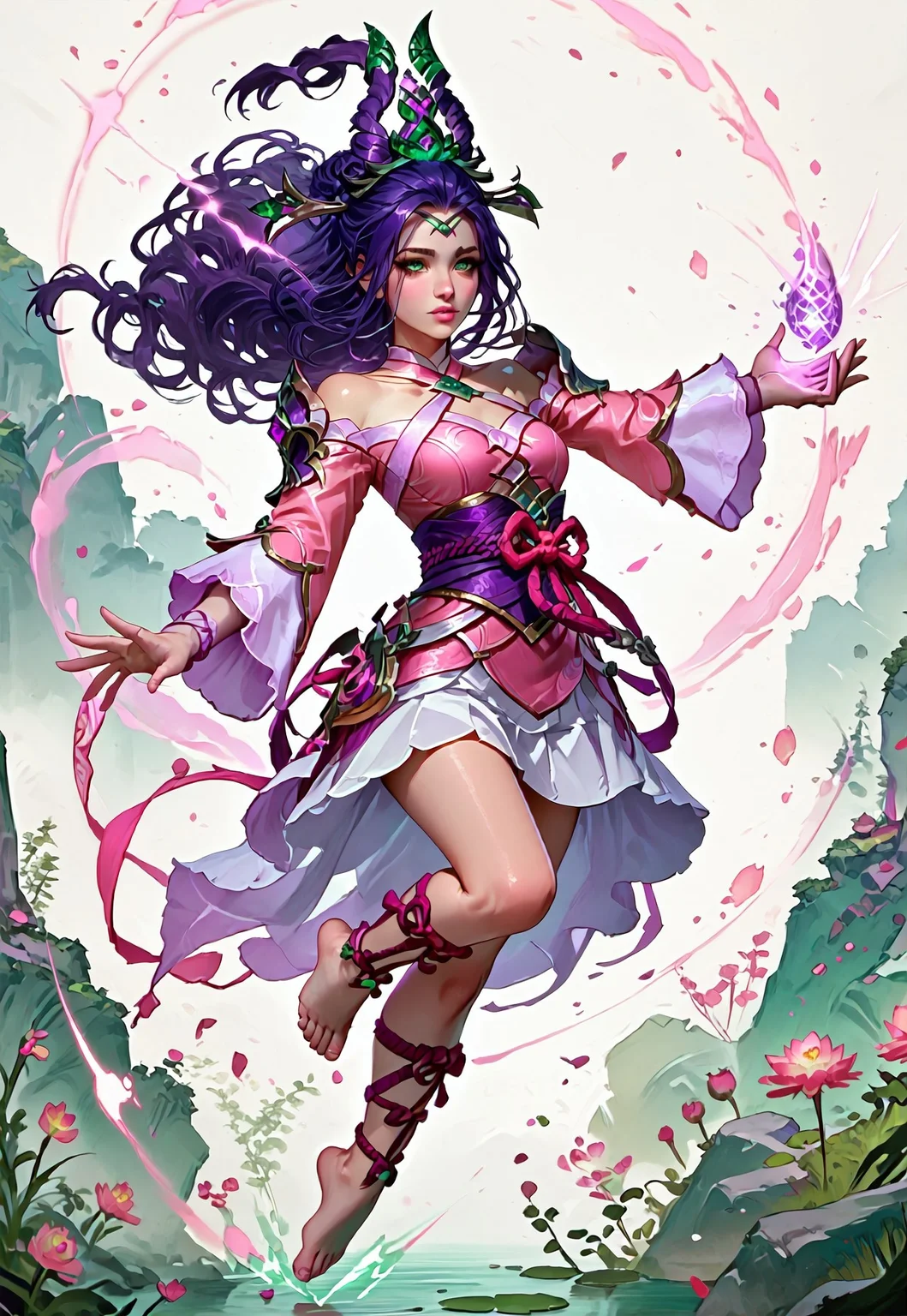 ((zPDXL3)), ((masterpiece,best quality, highly detailed)), ((score_9)), score_8_up, score_7_up, score_6_up, score_5_up, score_4_up, Digital painting style, brushstrokes, ((EnhanceImage)), solo, 1girl, JannaSSPXL, green eyes, purple hair, long hair, hair ornament, forehead, medium breasts, bare shoulders, pink dress, detached sleeves, long sleeves, purple sash, pink ribbon, white skirt, leg ribbon, barefoot,
Expressiveh, 30yo, adult lustful confident woman, petite, slender body, perky saggy natural breasts, full lips, bangs, sidelocks, straps,
chinese magical sorceress, animated, swirling magic, wisps of magic, dancing pose, tight squeezed outfit, magical accessories, evoking motion, conveying motion, dynamic splash art,
<lora:PainterlyFantasiaPDXL:0.6>,