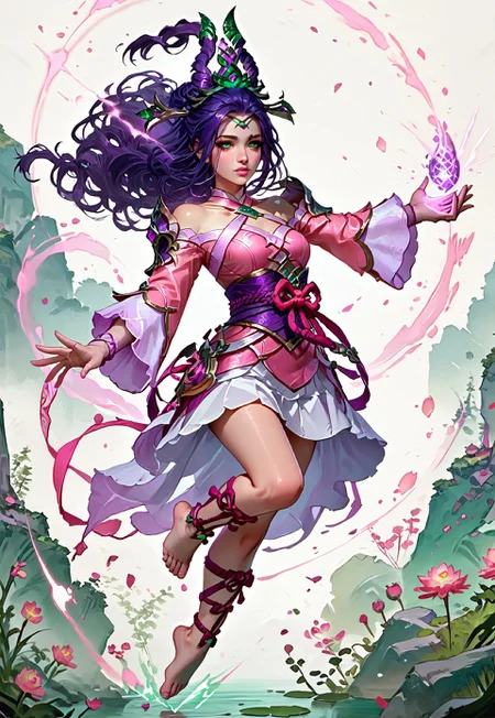 ((zPDXL3)), ((masterpiece,best quality, highly detailed)), ((score_9)), score_8_up, score_7_up, score_6_up, score_5_up, score_4_up, Digital painting style, brushstrokes, ((EnhanceImage)), solo, 1girl, JannaSSPXL, green eyes, purple hair, long hair, hair ornament, forehead, medium breasts, bare shoulders, pink dress, detached sleeves, long sleeves, purple sash, pink ribbon, white skirt, leg ribbon, barefoot,
Expressiveh, 30yo, adult lustful confident woman, petite, slender body, perky saggy natural breasts, full lips, bangs, sidelocks, straps,
chinese magical sorceress, animated, swirling magic, wisps of magic, dancing pose, tight squeezed outfit, magical accessories, evoking motion, conveying motion, dynamic splash art, 
<lora:PainterlyFantasiaPDXL:0.6>,