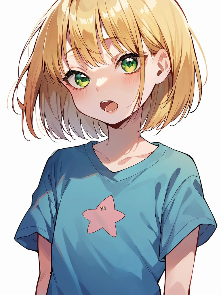 score_9, score_8_up, score_7_up,
1girl, aisu mia , medium hair, blonde hair, flat chest, green eyes,
blue t-shirt, t-shirt dress, short sleeves, standing, open mouth, looking at viewer, white background,
