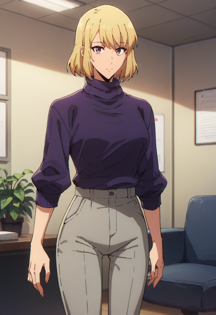 score_9, score_8_up, score_7_up,
<lora:SoloLeveling_ChaHae-InXL:0.8>, ChaHaeInSL,
1girl, solo, closed mouth,
blonde hair, medium hair, purple eyes,
ChaHaeInCasual, turtleneck sweater, purple sweater, grey pants
standing, looking at the viewer, thigh gap,
indoors, office, couch