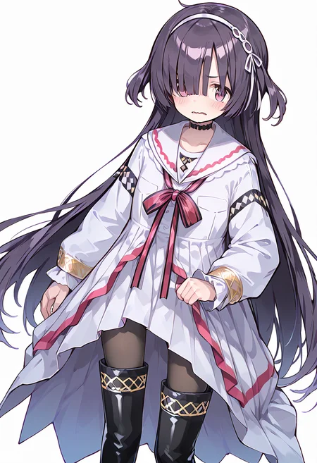 score_9, score_8_up, score_7_up, source_anime, rating:general,  <lora:lowres_concept_ponyXL_v1:-0.3>
BREAK,
1girl, solo, <lora:sumeragi_utsutsu_PonyXL_v1:1> sumeragi utsutsu, purple hair, long hair, bangs, purple eyes, 
looking at viewer, blush, open mouth, simple background, thighhighs, long sleeves, white background, dress, ribbon, school uniform, standing, pantyhose, hairband, boots, frills, choker, black thighhighs, sailor collar, black footwear, white dress, hair over one eye, red ribbon, two side up, neck ribbon, thigh boots, wavy mouth,