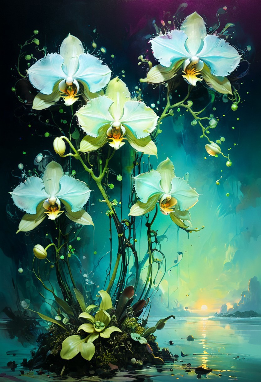 (by Ellen Jewett:1.5), (Bioluminescent Impressionism, organic radiance, bioluminescent alien orchids wines, luminous brushstrokes, ethereal landscapes, biotech emotion:1.3) <lora:xl_more_art-full_v1:0.5> <lora:add-detail-xl:1> <lora:RMSDXL_Creative:2>