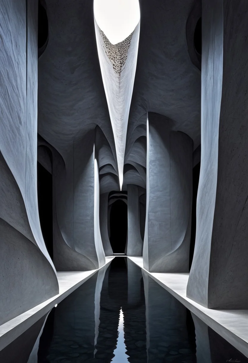 ArsMJStyle, Colored pencil hyperdetailed realism, lora:HyperdetailedColoredPencilV2SDXL:1. A vast, introspective chamber crafted entirely from smooth, matte concrete, its form resembling a massive, asymmetrical sculpture carved from a single block. The ceiling, an undulating wave of monolithic slabs, appears to shift and fold overhead, creating dynamic shadows that change throughout the day. A central void in the floor reveals a perfectly still, black water basin, its surface unbroken, reflecting the towering walls above. Along the perimeter, recessed alcoves hold minimalist, hand-carved stone furnishings, blending seamlessly into the space. Slender, sculpted passageways connect the chamber to unseen rooms, their entries framed by impossibly sharp, angular cutouts. Subtle, embedded lighting follows the natural curves of the structure, illuminating its depth without disrupting its stark purity. This space is a sanctuary of silence and presence, where raw material and masterful form merge into an immersive, surreal experience.