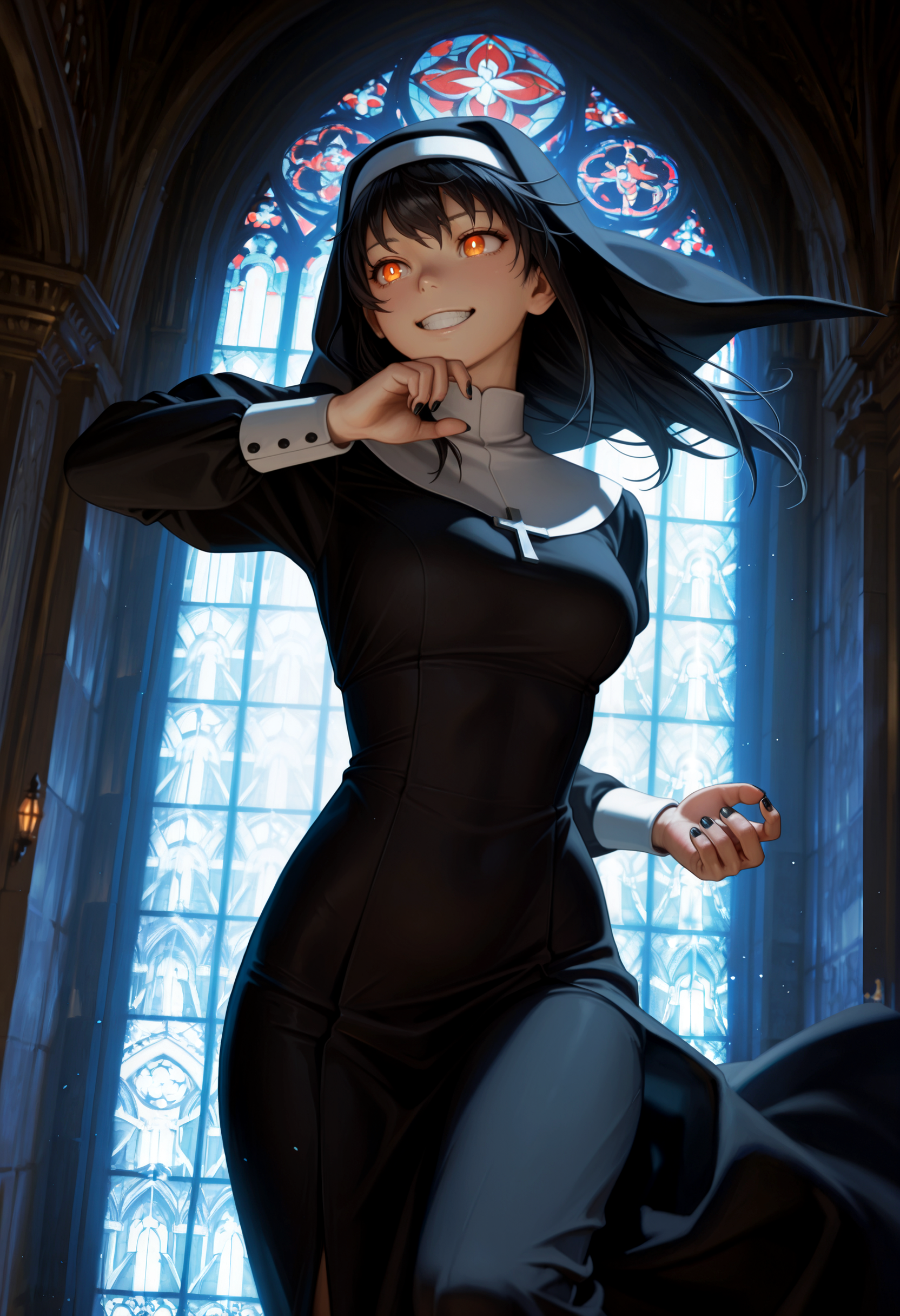 masterpiece, best quality, very aesthetic, detailed background, dark, volumetric lighting, low contrast, dynamic pose, dutch angle, photorealistic,  tamaki kotatsu, orange eyes, bright pupils, grin, black hair, black nails, long hair, nun outfit, indoors, cathedral, stained glass, <lora:Character\tamaki-kotatsu-s1s2-nochekaiser:0.7>