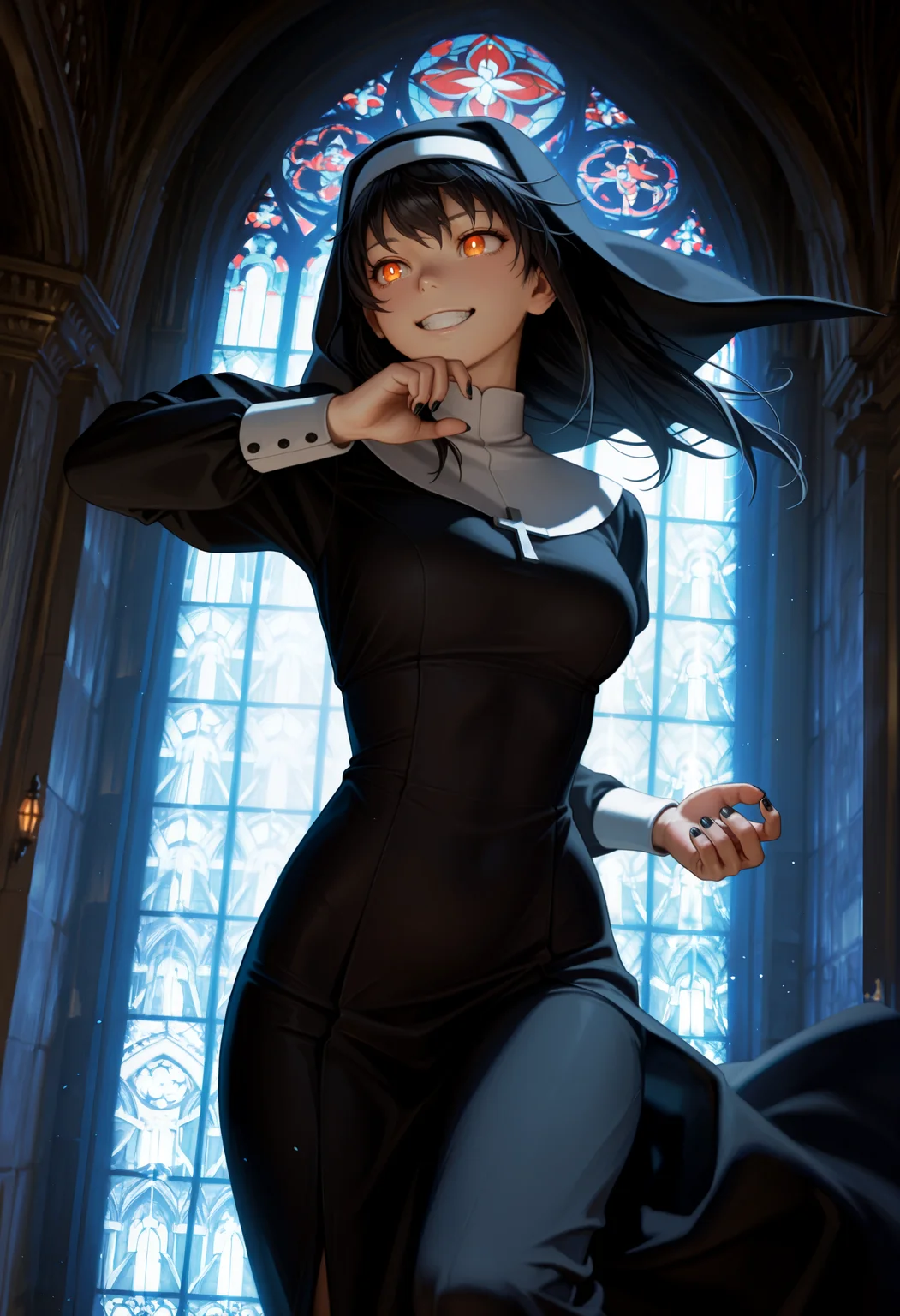 masterpiece, best quality, very aesthetic, detailed background, dark, volumetric lighting, low contrast, dynamic pose, dutch angle, photorealistic, tamaki kotatsu, orange eyes, bright pupils, grin, black hair, black nails, long hair, nun outfit, indoors, cathedral, stained glass, <lora:Character\tamaki-kotatsu-s1s2-nochekaiser:0.7>