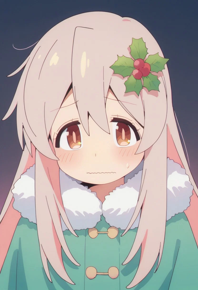 score_9, score_8_up, score_7_up, source_anime,oyama mahiro, long hair, pinkish-gray hair, brown eyes, 1girl, solo, wavy mouth, hair ornament, bow, fur trim, blush, upper body, looking at viewer, hair between eyes