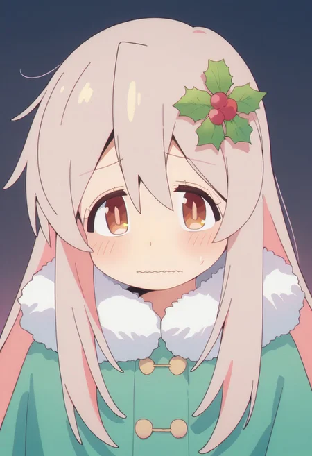 score_9, score_8_up, score_7_up, source_anime,oyama mahiro, long hair, pinkish-gray hair, brown eyes, 1girl, solo, wavy mouth, hair ornament, bow, fur trim, blush, upper body, looking at viewer, hair between eyes
