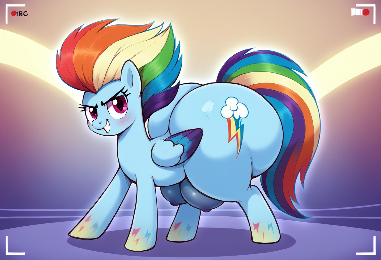 score_9, score_8_up, score_7_up, masterj291´Style, highres, hi res, best quality, masterpiece, <lora:add-detail-xl:.5>, my little pony, solo, background, detailed background, ((my little pony, <lora:mlp: fim - rainbow power - rainbow dash:1>, rainbow dash, rainbow power, hooves, fantasy lighting, blue pegasus, large butt, grin, striped mane, gradient hooves,  stylized rainbow mane,)
), thoughtful expression, blushing expression, equine, fat ass, feral, huge ass, huge butt, plump, pony, quadruped, thick thighs, looking at the viewer ,ass crack,standing ,(Feral Pony, Pony Form, Huge crotchboobs,purple nipples, Hyper hips, thick thighs, hyper butt,large butt, butt overhang),sexy and cute thin legs,horny,empty eyes, recording,