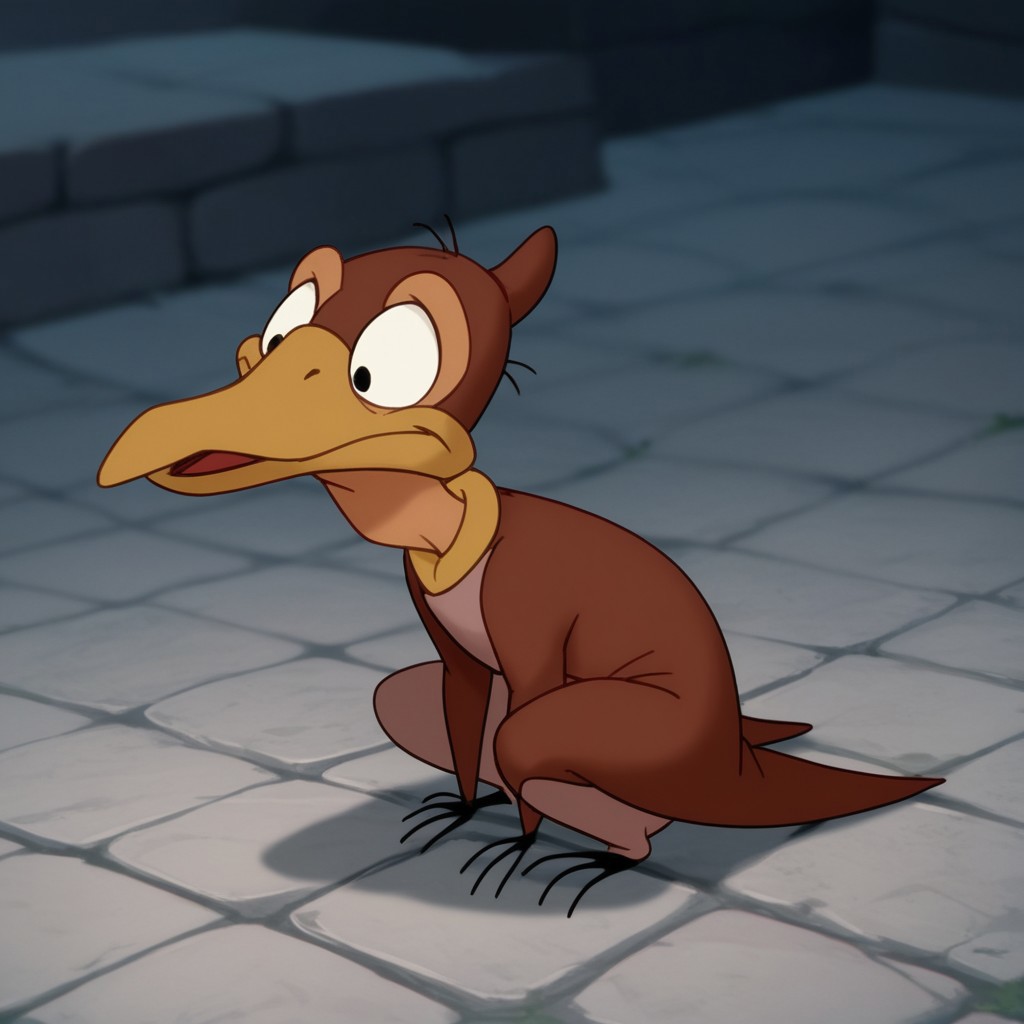 score_9, score_8_up, score_7_up, score_6_up, source_furry, Petrielbtv2, feral, male, Pteranodon, brown skin, black eyes, membranous wings, winged arms, squatting, arms between legs, head turned, stone floor,