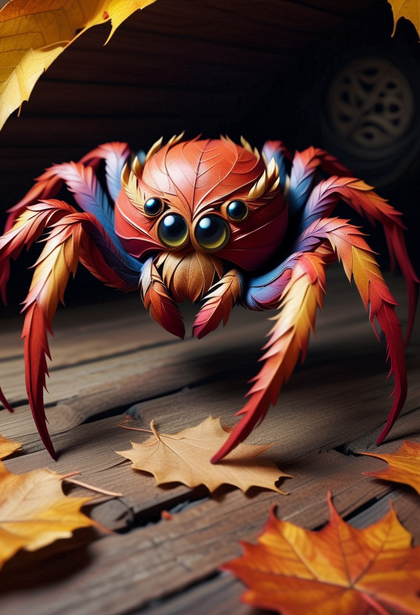 4UTUMNL34V3S, a cute spider is made of autumn leaves, detailed face, (big eyes:0.9), detailed eyes, (smile:1.1), long eye lashes, set in an old haunted attic, ,Masterpiece,best quality, raw photo, realistic, very aesthetic