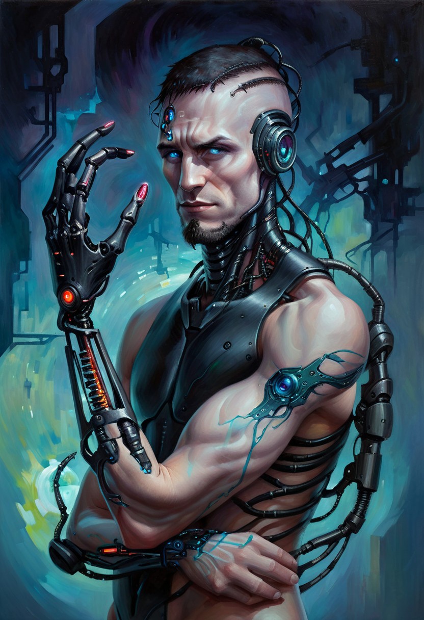 w4rh4mm3r style oil painting, grimdark, portrait of a beautiful man with cybernetic arm