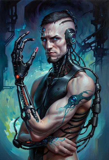 w4rh4mm3r style oil painting, grimdark, portrait of a beautiful man with cybernetic arm