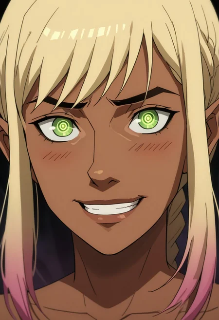 V0XM4CH1N4STYL3, score_9, score_8_up, score_8, (source_anime:1.2), eyedetailxl, bettereyes, detailed_eyes, Makima\(Chainsawman\), BREAK, Makima:1.2, blush, perfect face, 1woman, 22 years old, (bright_pupils), (ringed eyes), blonde hair, gradient hair, dark skin, pointy ears, elf girl, highly detailed, dark-skinned_female, tanned skin, embarrassed, collarbone, bare shoulders, green eyes, close-up, focus on eyes, focus on face, (depth of field), shadows, dark background, eerie glow, smile, happy, V0XM4CH1N4STYL3