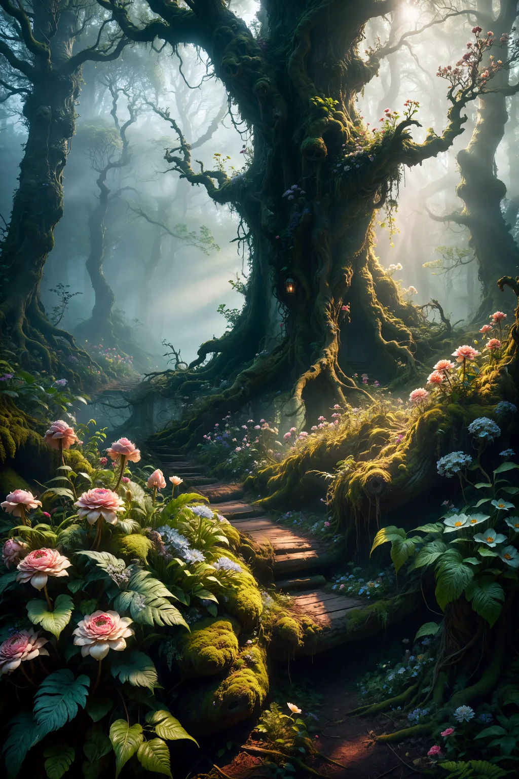 <lora:xl_more_art-full_v1:0.7> , (best quality:1.5), (intricate emotional details:1.5), (sharpen details),  (ultra detailed), (cinematic lighting),  magical woods, unexplained lights, fantasy, otherworldy, mist, atmospheric, flowers, plants,