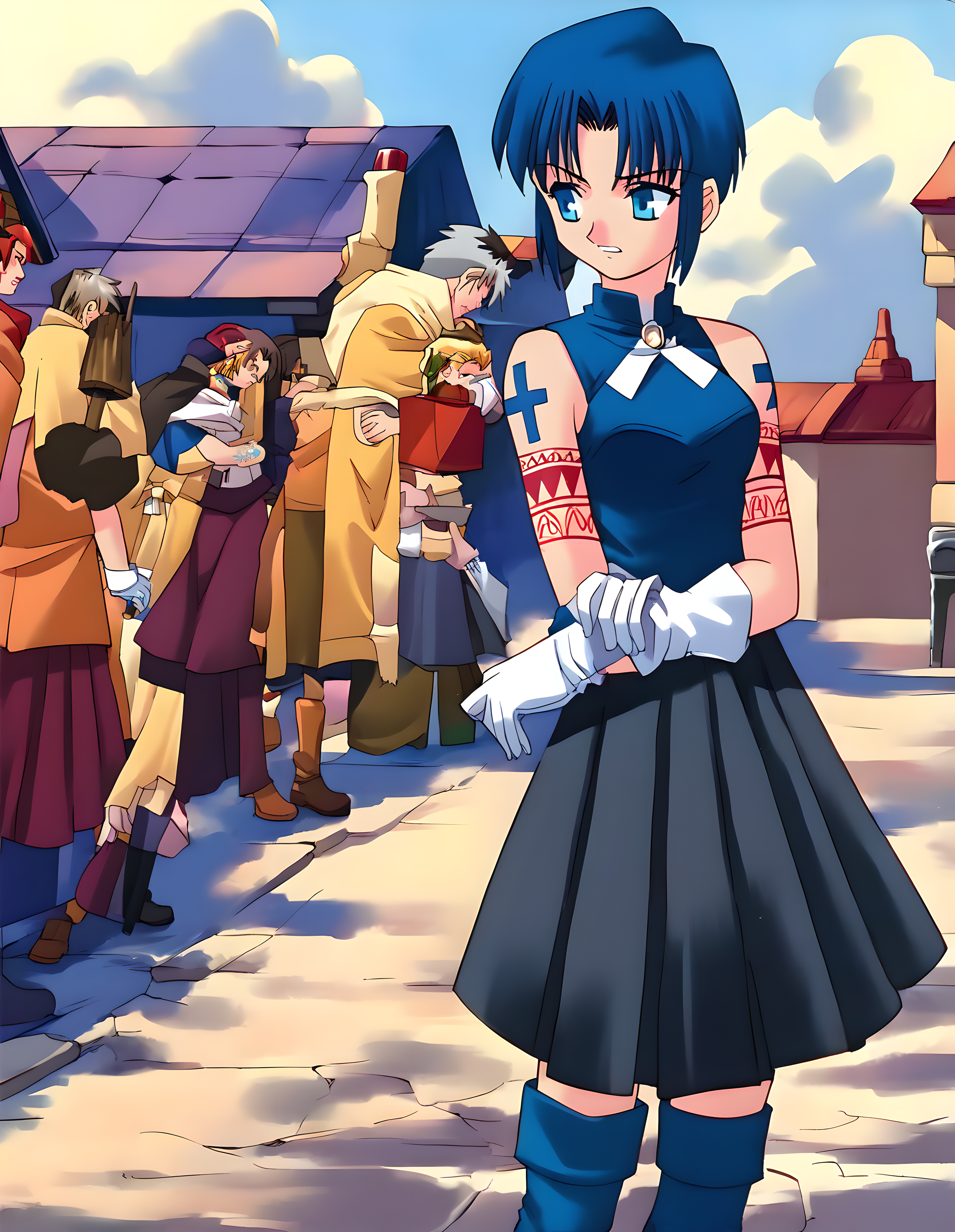 <lora:pony_xl_orig.ciel:0.9>,orig.ciel,score_9,score_8_up,score_7_up,source_anime,best quality,masterpiece,super fine illustration,1girl,solo,bare shoulders,sleeveless,white gloves,black skirt,pleated skirt,miniskirt,blue thighhighs,blue footwear,thigh boots,tattoo,standing,cloudy,streets of medieval europe,devastated city,