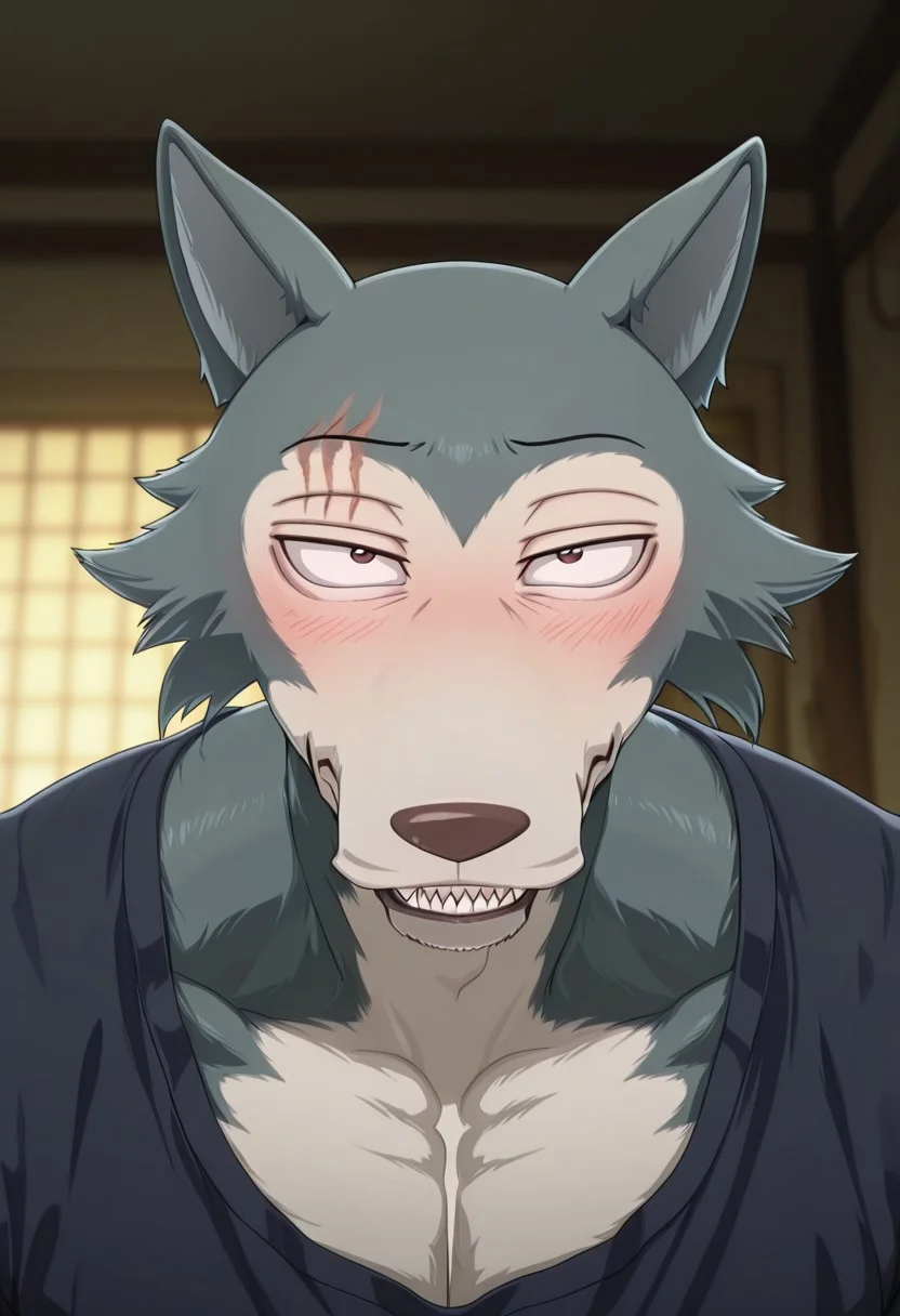 masterpiece, best quality, amazing quality,
Legoshi, anthro, wolf, beastars, scar on right brow, mature male, animal ears, grayish blue fur, brown eyes, smug expression, upper eyelid half closed, smug, sharp teeths, sharp long fangs, blush, smirk,
blurry background, volumetric lighting, smug grin, open eyes, 1boy, solo, male focus, mature male, looking at viewer, simple background, kind grin, head focus, portrait, detailed head, broad shoulders, muscle chest, black shirt, smug head, looking up, from above