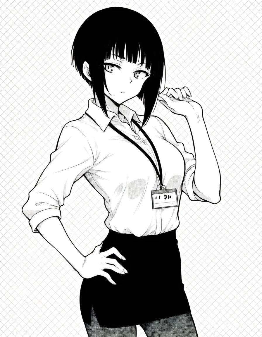 rating_safe, score_9,score_8_up,score_7_up, BREAK 1girl, standing, hand on own hip, hand up, contrapposto,  simple background, grid background,  cowboy shot,  <lora:miyabi-senpai-manga-ponyxl-lora-nochekaiser:1> miyabi senpai, short hair, bangs, monochrome, greyscale, pale skin,  white shirt, office lady,  pantyhose, lanyard,