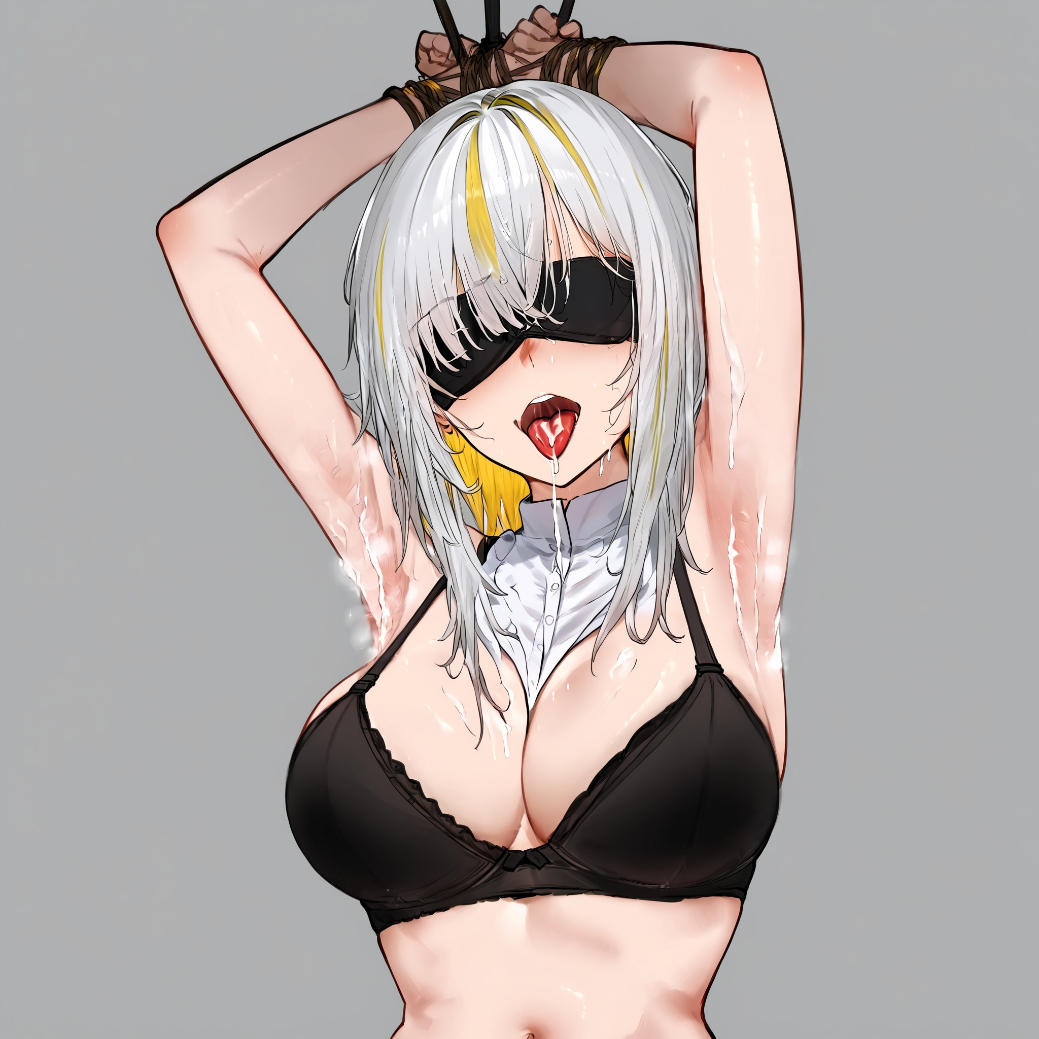 masterpiece, best quality, 1girl, simple background,<lora:vipe_r18:1>,cum,armpits,arms up, tongue out, interracial, bound, blindfold, navel,  <lora:ë°ëëxlA:1>,(white hair, masterpiece, best quality, 1girl,  simple background,<lora:ë°ëëxlA:0.9>,(white hair:1.1) + (streaked (yellow:1.1) hair:1.1)), looking at viewer,<lora:lora:0.7>,medium breasts,office lady, black bra,office_background,black legwear, 
white shirt,