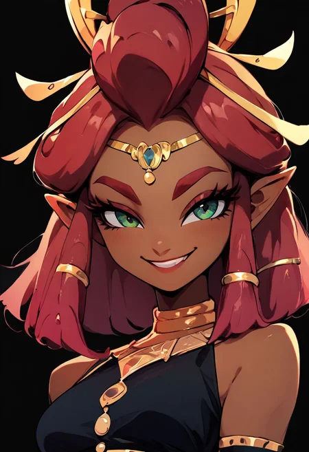 score_9, score_8_up, score_8, medium breasts, cute, eyelashes,
aaRiju, dark skin, midriff, black dress, solo, smiling, smug, looking at viewer,
upper body, black background,