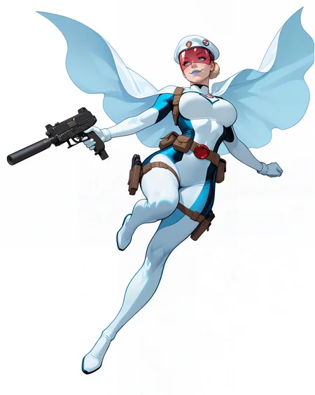 solo, (full body shot, wide shot:1.2), 1girl, (30 year old Russian woman:1.2), beautiful female cyborg spy, fair skin, (white with light blue accents superhero bodysuit with armor padding:1.3), white body armor vest, thigh pistol holsters, white cloak, white military beret, cyborg, cybernetic seams, utility belt, blue eyes, epic red visor, long blonde hair, hair bun, white arm length gloves, slim waist, (toned body:1.1), (large breasts:1.2), wide hips, ultra detailed face, (blue lips:1.2), confident closed mouth smile, strong jaw line, white thigh high superhero boots, (shooting a uzi-pistol machine pistol with a suppressor:1.2), white background, (dynamic pose, dynamic composition, dynamic angle:1.2), digital painting, masterpiece, best quality, very awa, absurdres, 8k, comic art style,  <lora:NOOB_vp1_detailer_by_volnovik_v1:0.6> <lora:noobai_vpred_1_aqm_complete_v3:0.3> masterpiece, best quality, very aesthetic <lora:HyperdetailedColoredPencilIl:0.3> ArsMJStyle, Colored pencil hyperdetailed realism <lora:ponyv6_noobE11_2_adamW:0.3> <lora:illustriousXL_stabilizer_v1.7:0.4> <lora:Comics_IllustriousXL_Lora:0.3> C0M1C5 Style <lora:Superhero_Aesthetic_Illustrious:0.3> SUP3RH3R0 Style, comic art style, <lora:Carlos GomezStyleilluLYCO:0.3> cgstyle, (borderless), <lora:ppw_v7_Illuv1.0_1_r2:0.2>, <lora:anatomy_helper:1> <lora:Uzi_-_Machine_Pistol:0.5>, uzi-pistol