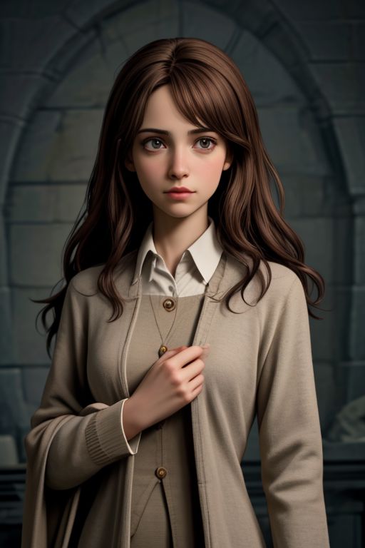 Hermione Granger is one of the main characters in the Harry Potter series of books. It is presented in the form of the Hogwarts School of Witchcraft and Wizardry. She has brown hair and brown eyes. She looks away with a thoughtful expression on her face.