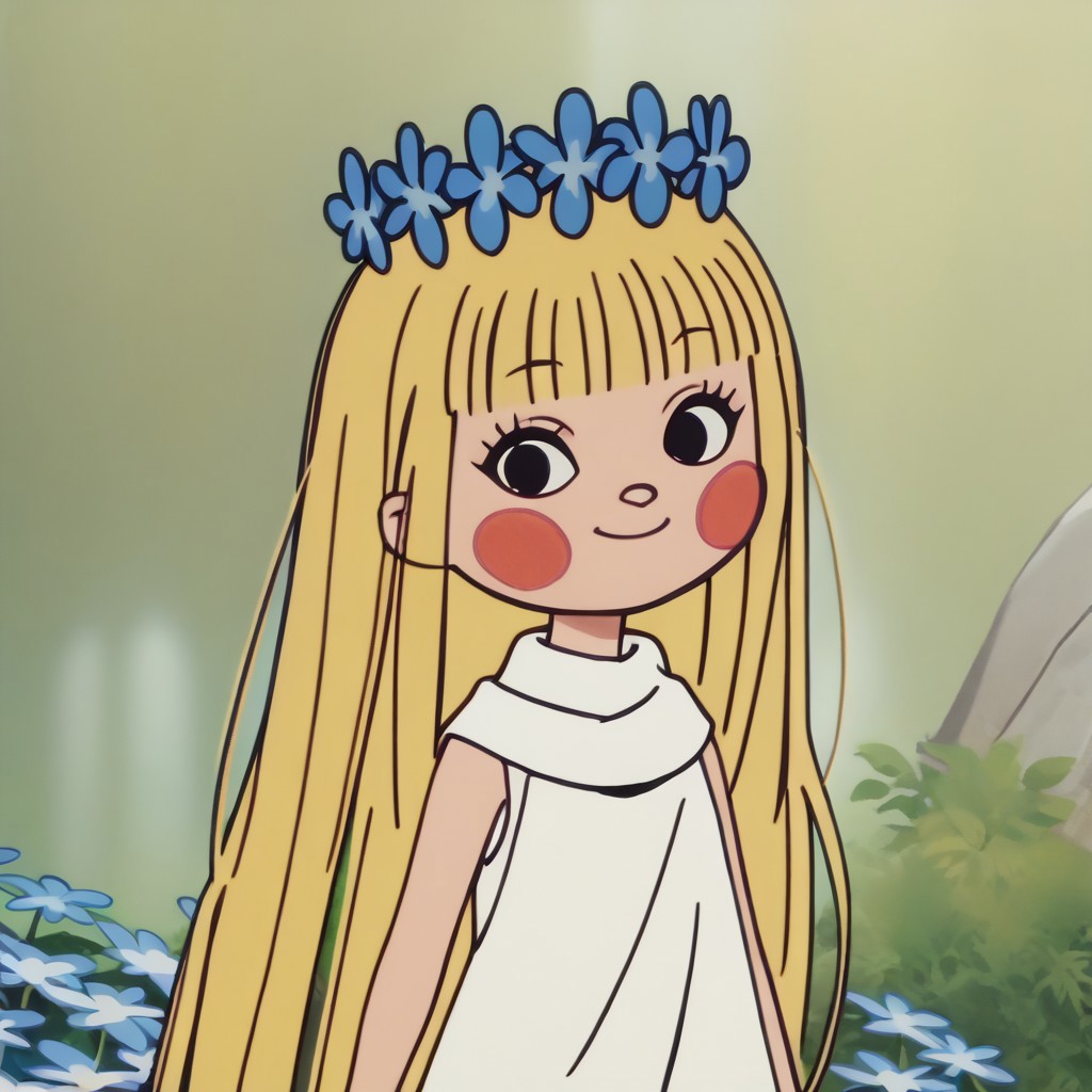 score_9, score_8_up, score_7_up BREAK 1girl, amalka, long blonde hair, blunt bangs, black eyes, rosy cheeks, blue flower crown, white scarf, long white sleeveless dress, screenshot, official art, parody, cartoon footage, official design, screencap, cartoon screenshot, official screenshot, 2d, cartoon, source_cartoon, smiling at viewer,