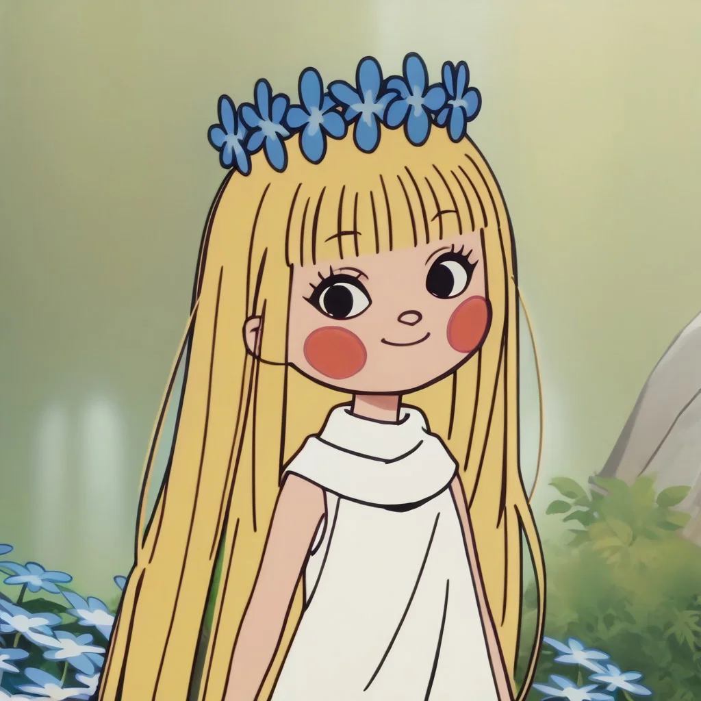 score_9, score_8_up, score_7_up BREAK 1girl, amalka, long blonde hair, blunt bangs, black eyes, rosy cheeks, blue flower crown, white scarf, long white sleeveless dress, screenshot, official art, parody, cartoon footage, official design, screencap, cartoon screenshot, official screenshot, 2d, cartoon, source_cartoon, smiling at viewer,