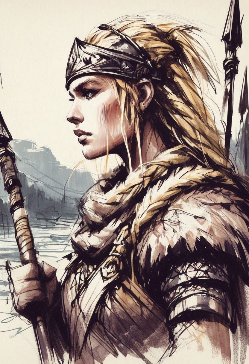 inksketch,
a young woman wearing a norse helmet holding a spear and shield, battlefield, river, blonde, braids, extreme close up, portrait,