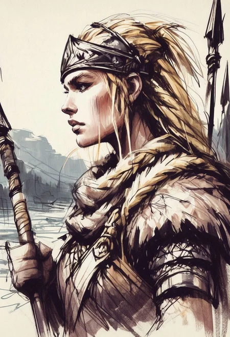inksketch,
a young woman wearing a norse helmet holding a spear and shield, battlefield, river, blonde, braids, extreme close up, portrait,