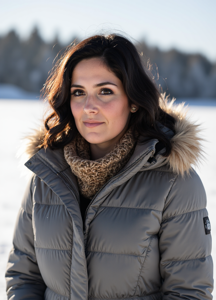 SFW, brightly lit, The image is a portrait of a woman standing in a snowy landscape. She is wearing a gray puffer jacket with a fur hood and a brown scarf around her neck. Her e hair is styled in loose waves and she is looking off to the side with a serious expression on her face. The background is blurred, but it appears to be a snowy field with trees in the distance. The overall mood of the image is cold and wintery., aidmaimageupgrader<lora:flux\custom\celebrity\rikki-lake.safetensors:1.05:1.05> <lora:flux\turbo-8-step-flux.safetensors:0.5:0.5> <lora:flux\style\Common\aidmaImageUprader-FLUX-v0.3.safetensors:0.25:0.25>