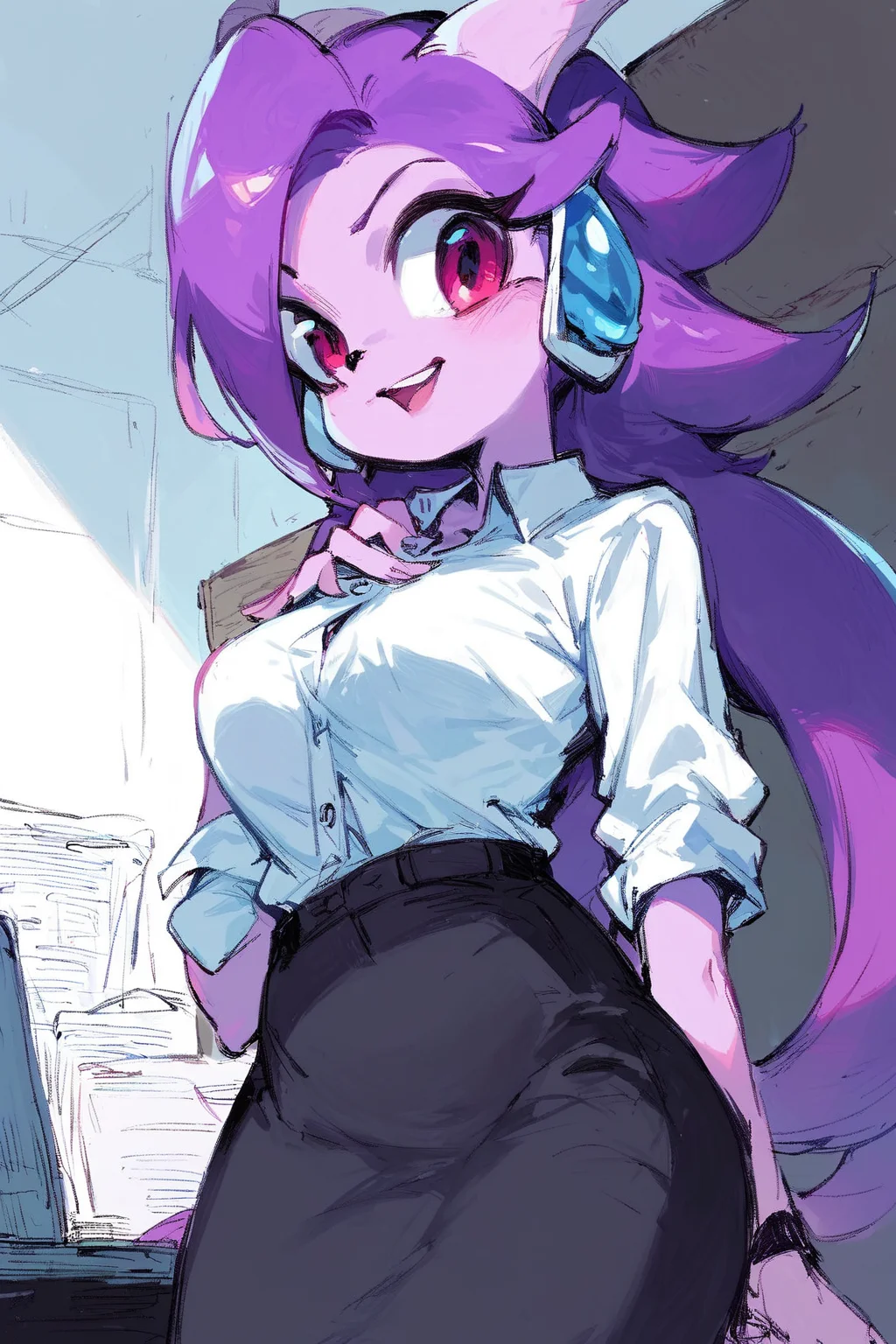 score_9, score_8_up, score_7_up, score_6_up, score_5_up, score_4_up, <lora:Sash_Lilac_Pony:1> sash lilac, long pigtails, office background, office worker clothes, black blaser, black miniskirt, white shirt