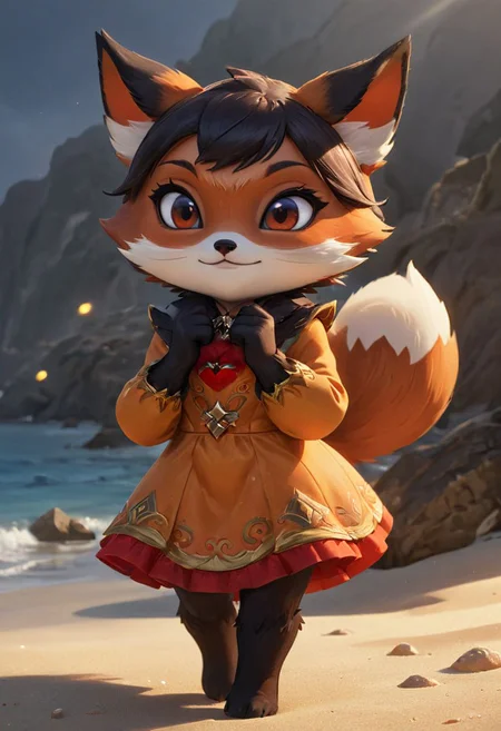 furry fox girl, ((brown fox)), (chibi), 
bad fox, with red big eyes,  beach,
(orange) dress, portrait, long hair,
Hyperrealistic art high-quality portrait flat matte drawing of a cute Nendoroid and cartoon style, anime flat style, thick drawing, medium close-up", (solo:1.2), photorealistic:1.5, 8k, texture skin, realistic skin, detailed skin, highest detailed, extreme detailed, 8k wallpaper, colorful, (dark magic), ring with the stone, (intricate details), (hyperdetailed), 8k hdr, high detailed, lot of details, high quality, soft cinematic light, atmospheric perspective (focus on), color Ink wash painting, Extremely high-resolution details, photographic, realism pushed to extreme, fine texture, incredibly lifelike,