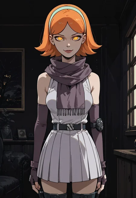 zPDXL3, score_9_up, score_8_up, score_7_up, (Anime_source), 1girl, standing, looking at viewer, Jessica, hairband, orange hair, short hair, lipstick, buttom eyes, eyeshadow, closed mouth, seductive smile, lusty face, blur scarf, white short skirt, knee pads, elbow gloves, fingerless gloves, glowing eyes, sinozick style, flat color, dark theme, background, interior, bedroom