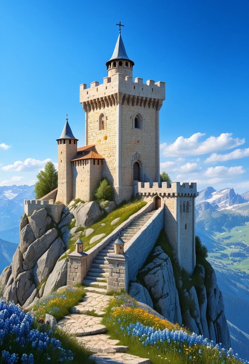 a  crusader watchtower on a (tall rock spire),  (13th Century:1.5), a stairway to the keep, doorway, very wide shot, fantasy, blue sky, alpine meadow flowers, best quality, masterpiece, realistic, photo-realistic, amazing, finely detail, ultra-detailed, highres, extremely detailed, 8k wallpaper