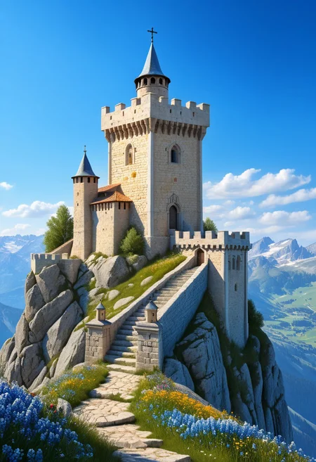 a crusader watchtower on a (tall rock spire), (13th Century:1.5), a stairway to the keep, doorway, very wide shot, fantasy, blue sky, alpine meadow flowers, best quality, masterpiece, realistic, photo-realistic, amazing, finely detail, ultra-detailed, highres, extremely detailed, 8k wallpaper