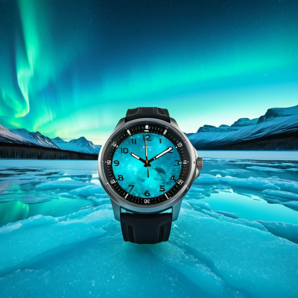 (watch showcase) <lora:10_watch_showcase:1.1>
Cyan background,
high quality, professional, highres, amazing, dramatic,
(Frozen lake and aurora borealis overhead:0.5),