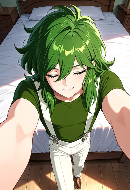 masterpiece, best quality, amazing quality, very aesthetic, absurdres, newest, ANDROMESHUN, SHUNPLAIN, 1boy, slender figure, long wavy green hair, green eyes, green shirt, white overalls, brown shoes, view from above, indoors, bed, smile, eyes closed, outstretched arms,