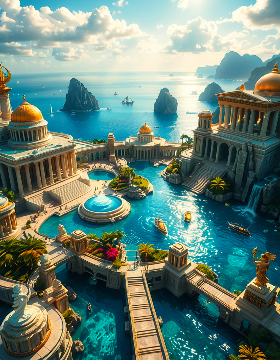 A breathtaking view of the lost city of Atlantis, submerged beneath crystal-clear ocean waters. The city showcases a magnificent blend of ancient Greek and futuristic architecture, with towering marble temples, golden domes, and intricate carvings glowing under the soft bioluminescent light of coral reefs. Majestic pillars and archways, partially covered in coral and algae, rise from the ocean floor, creating an atmosphere of mystery and forgotten grandeur. The sunlight filters through the water, casting shimmering patterns on the grand stone pathways and illuminating massive statues of gods and mythical beings, eroded by time. The scene is peaceful and awe-inspiring, with an ethereal blue glow enhancing the dreamlike, almost magical quality of this underwater utopia. No marine creatures or human presence disrupt the timeless serenity of this lost civilization.
 <lora:atl4nt1s:1>,atl4nt1s,<lora:SDXLFaeTastic2400:0.4> <lora:extremely_detailed:0.4> extremely detailed, Masterpiece,best quality,hi res,8k,hi res,8k,award winning,(sharp focus, intricate, highly detailed),