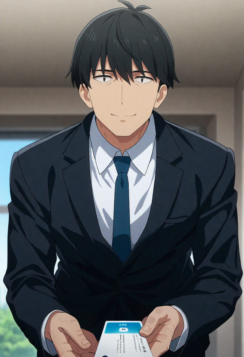 masterpiece,best quality,anime screencap,
1boy,
<lora:takeuchiP_NAI_EPS_1_0_CAME_v1-000030_rev2:1>,t4k3uch1_p,black hair,black eyes,
white shirt,collared shirt,blue necktie,black jacket,suit jacket,
standing,leaning forward,hunched over,window,holding,business card,
facing viewer,looking at viewer,smile,foreshortening,
upper body,
blurry  background