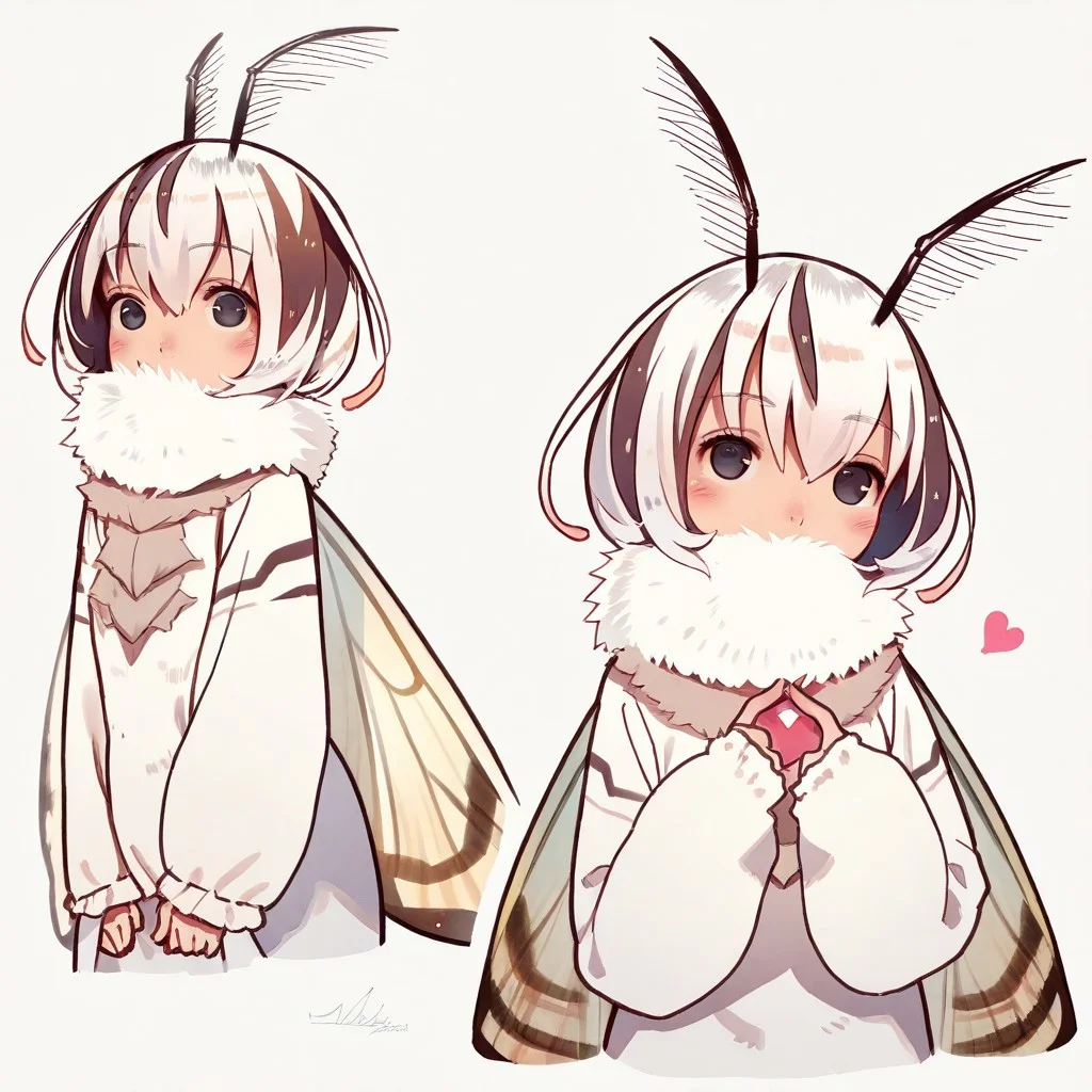 lazypos, girl focus, 1girl, wings, monster girl, arthropod girl, multiple views, moth girl, multicolored hair, antennae, insect wings, looking at viewer, blush, white background, extra arms, brown hair, neck fur, white hair, hair between eyes, heart, black eyes, fur collar, simple background, short hair, two-tone hair, covered mouth, long sleeves, muk