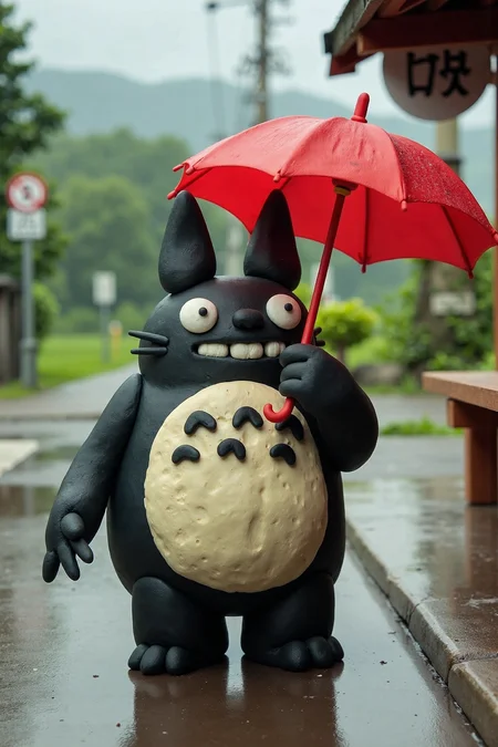 image of totoro made of clay holding a red umbrella next to a bus station in japan countryside, it is raining