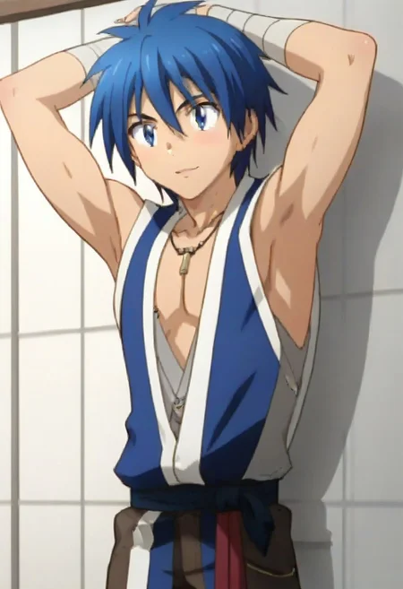 ((masterpiece)), ((best quality)), ((ultra-detailed)), ((absurdres)), score_9_up, score_8_up, score_7_up,
HD, top quality, best quality, amazing quality, High-quality illustrations, anime screencap, source_anime, best aesthetic, perfect proportions, perfect eyes, 1boy, 1male, solo boy, solo male, male focus, solo male focus, Anime, boy, male anime character, anime boy, handsome, attractive, cute, charming, sexy, hot, ((tall, tall height, tall body)), ((slim body, fit body, lean body)), Gear, blue hair, blue eyes, blue kimono, sleeveless outfit, low neckline, necklace, arm bandages, gray shorts, ((stretched up arms)), ((exposed armpits)), ((clean smooth armpits)), ((sexy cute charming facial expression))
