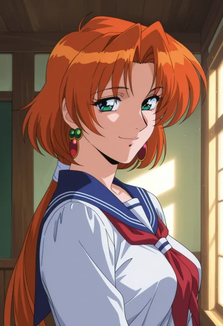 masterpiece, best quality, amazing quality, absurdres, anime coloring, retro artstyle, 1990s (style), 1girl, solo, (portrait:1.2),
ailaww, mature female, green eyes, orange hair, long hair, low ponytail, medium breasts,
school uniform,
looking at viewer, smile, indoors, day,
skindentation, detailed clothing folds, depth of field, sharp, high contrast, dynamic light <lora:Aila_Mahou_Senshi_Louie_ill:0.9>