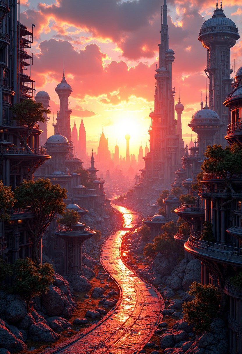 masterpiece, streetview of futuristic sc-fi city, towers, domes and skyscapers, sunset, rule of thirds, perfect lighting, sunset, HD32K, wallpaper, hyperdetailed, mythp0rt