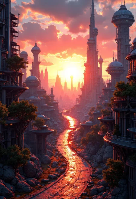 masterpiece, streetview of futuristic sc-fi city, towers, domes and skyscapers, sunset, rule of thirds, perfect lighting, sunset, HD32K, wallpaper, hyperdetailed, mythp0rt