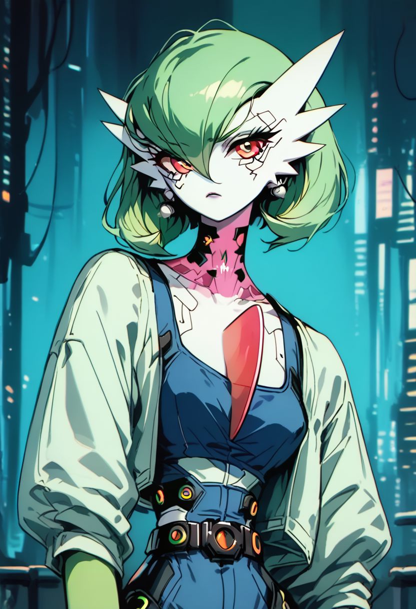 score_9, score_8_up, score_8, 
1girl, solo,
gardevoir, green_hair, green_skin, hair_over_one_eye,
(cyberpunk:1.1),